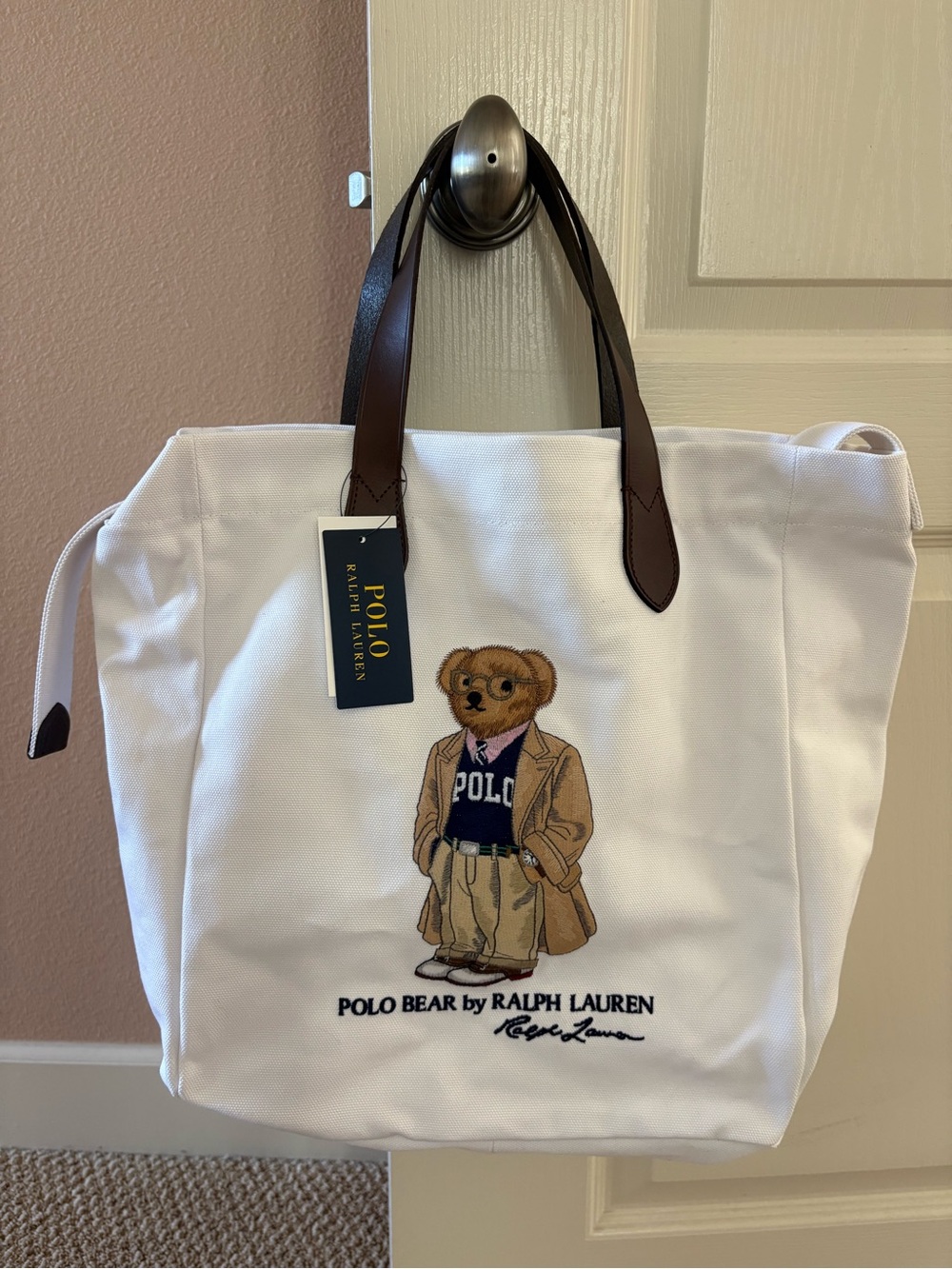 Ralph Lauren Polo Bear White Canvas Tote Bag